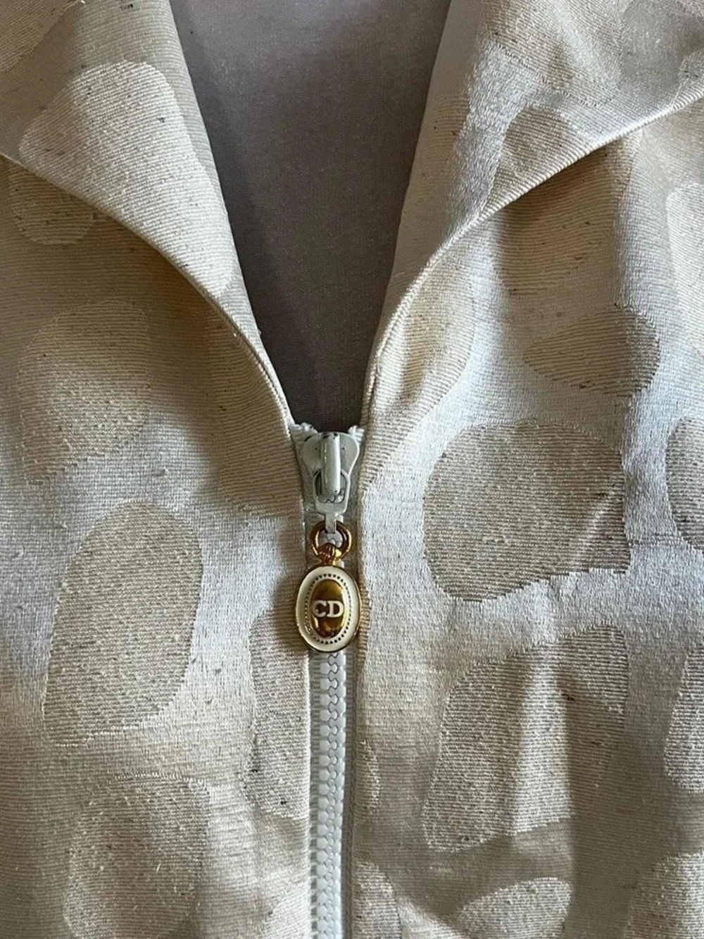 VINTAGE CHRISTIAN DIOR Cream and Beige Patterned Zip-Front Jacket + Skirt Set